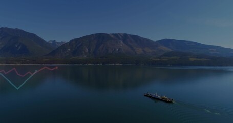 Obraz premium Gliding long ferry leaving V wake across reflecting mountain lake with zigzag, copy space