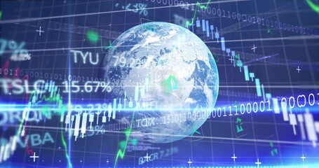 Fototapeta premium Displaying rendered Earth globe rotating in trading dashboard, showing candlesticks, TSLA ticker