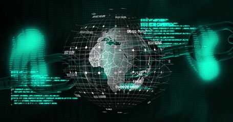 Obraz premium Rotating wireframe globe showing Africa, floating in cyber grid, with glowing chain links and nodes