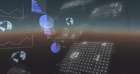 Naklejka premium Floating HUD panels showing dotted matrix and numeric digits over dusk horizon, with charts
