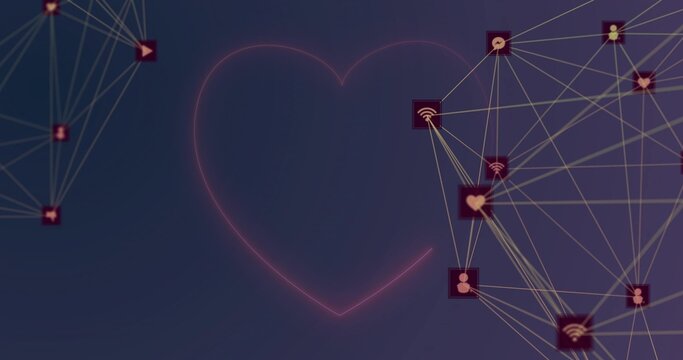 Pulsing neon heart outline glowing in digital UI, linking golden lines, red nodes with iconography