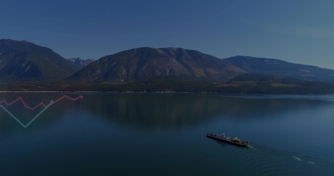 Gliding long ferry leaving V wake across reflecting mountain lake with zigzag, copy space