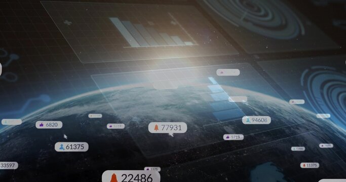 Displaying Earth globe rotating in orbit with holographic grid and floating numeric badges
