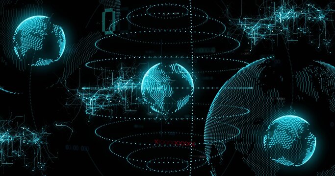 Glowing central point-cloud globe rotating in virtual hub, showing concentric rings, axis, networks
