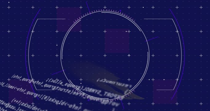 Displaying large concentric HUD ring glowing in virtual UI, plus-sign grid and blurred code
