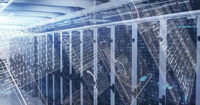 Extending rows of server racks down data center aisle, showing rackmount servers and binary overlay