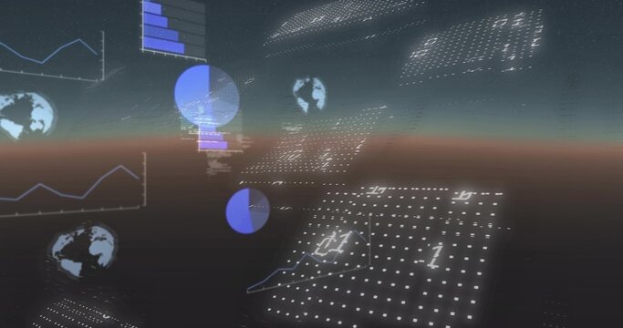 Floating HUD panels showing dotted matrix and numeric digits over dusk horizon, with charts