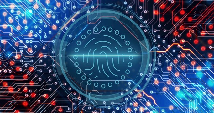 Scanning central fingerprint HUD glowing above circuit board interface, showing scan beam and nodes