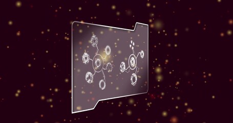 Fototapeta premium Floating translucent folder with white rim in maroon space, showing golden bokeh and glowing nodes