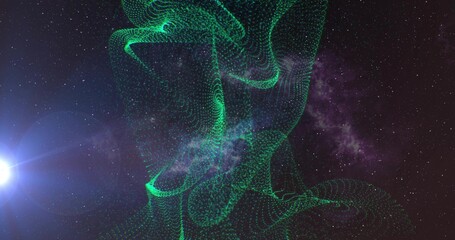 Fototapeta premium Vertical video: Green ribbon reacting to flare, forming wave loops and showing structure in space