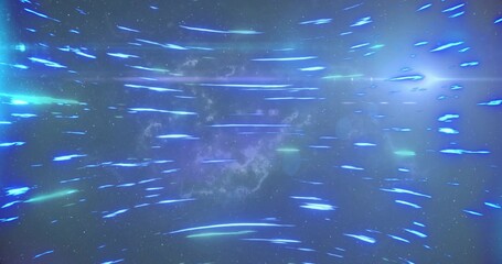 Racing blue cyan streaks sweeping across deep space, showing purple nebula and starfield © vectorfusionart