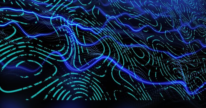 Flowing electric-blue waveform and teal contour lines weaving across digital surface, dotted grids