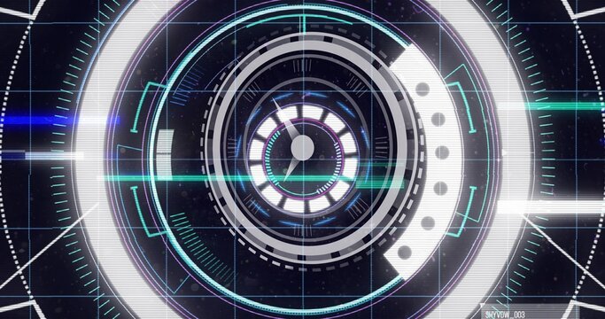 Rotating centered multi-ring HUD interface floating over spacecraft HUD, showing teal scanline