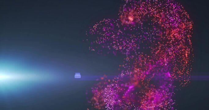 Swirling vertical particle plume moving and glowing in digital void, with lens flare