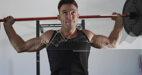 Fototapeta premium Bracing weightlifter wearing black tank holding red barbell on rack in home gym with data overlay