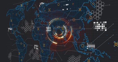 Central HUD receiving signal and scanning map for network security, highlighting yellow red nodes © vectorfusionart