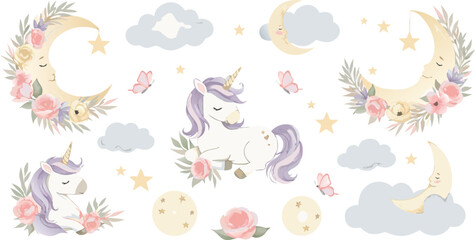 Fototapeta premium Whimsical unicorn illustrations with flowers and clouds