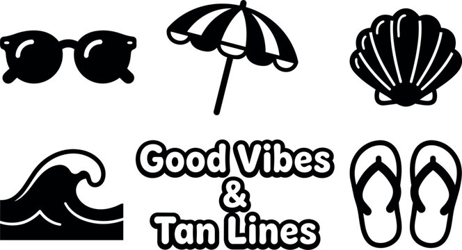 Good vibes and tan lines beach icons with sunglasses umbrella shell flip flops and wave