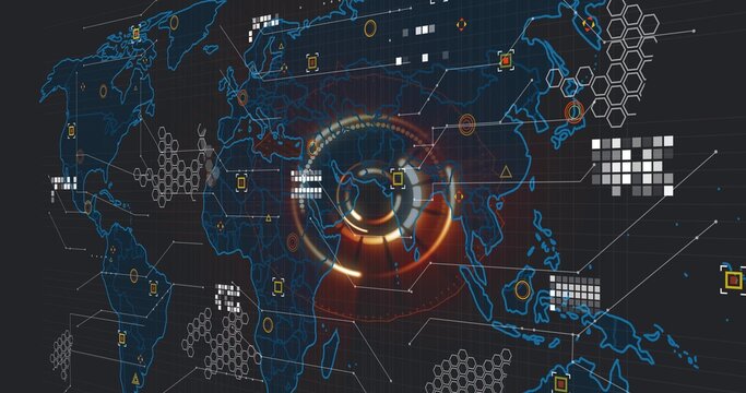 Central HUD receiving signal and scanning map for network security, highlighting yellow red nodes