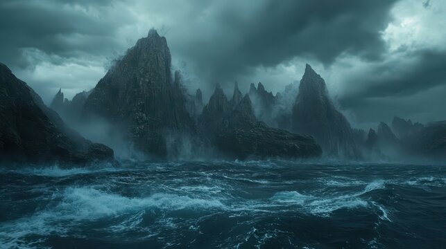 Turbulent ocean waters beneath dramatic stormy skies over jagged mountains, an epic seascape.
