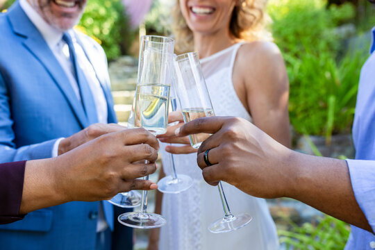 Diverse guests clinking champagne flutes in sunny garden, holding hand with black ring near suit