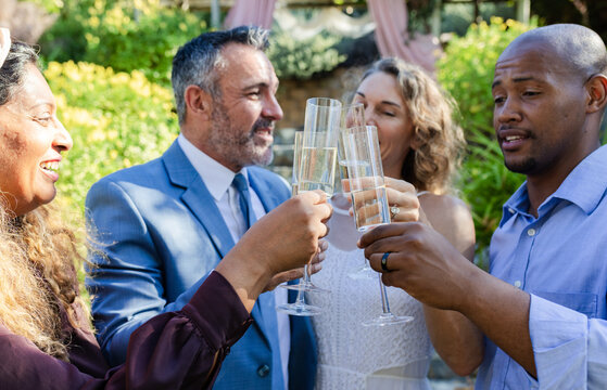 Vertical video: Toasting vows, four adults clinking flutes in garden, in suit and white lace dress