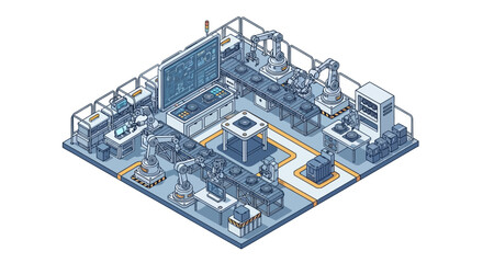 Obraz premium Isometric Smart Factory with Automated Robotic Arms and Conveyor Belt Assembly Line, Industry 4.0 Technology and Manufacturing Process Illustration
