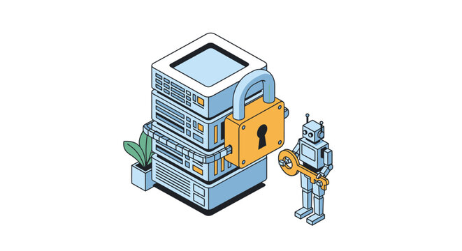 Isometric AI Robot Holding Key to Secure Server Data, Cybersecurity and Information Protection Concept