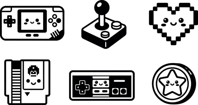Black and white cute retro video game console joystick heart and star icons