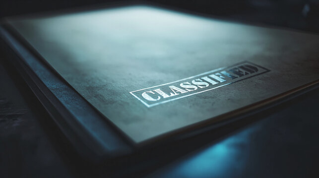 Classified dossier folder in dark light with confidential file label
