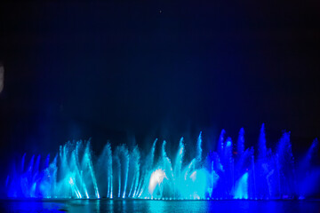 Fototapeta premium Blue illuminated water fountains spraying into the air on a calm lake during a night show. Water performance, night entertainment, blue lights, light display.