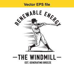 Fototapeta premium A black and white image of a baseball player swinging a bat with renewable energy text