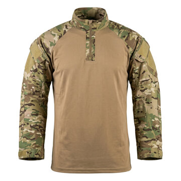 Military tactical combat shirt in multicam pattern isolated