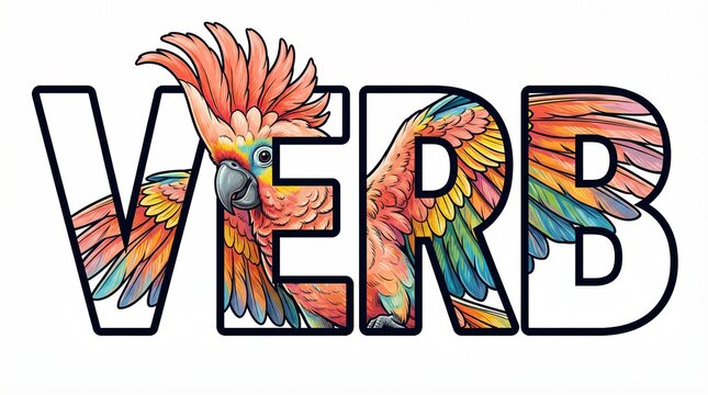 Inside the word &lsquo;Verb,&rsquo; there is a colorful cockatoo isolated on a white background.