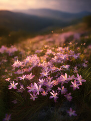 Obraz premium photo of Crocus clusters with lavender petals and green leaves, golden light casting halo, blurred field of flowers in background, cinematic atmosphere, copy space. sunrise, crocus, clusters, 