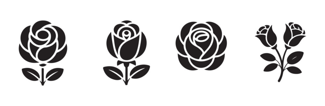 Set of stylized black rose icons showing various open bloom stages and foliage