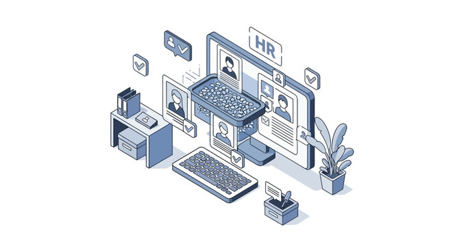 Human Resources Recruitment and Candidate Screening Process Isometric Illustration. Automated Applicant Tracking System (ATS) Concept with Computer and Digital Profiles.