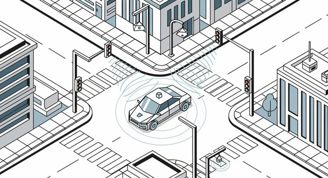 Isometric Smart City Illustration of Autonomous Self-Driving Car Navigating Urban Intersection with Sensor Technology and Connected Infrastructure