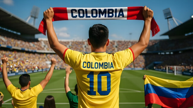 Colombian fans cheering at stadium during football match with crowd in background