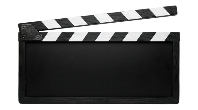 Classic wooden movie clapperboard open on transparent background