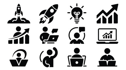 Obraz premium Silhouette icons of rocket launch lightbulb idea graph growth and people working on laptops in minimalist style symbolizing startup success and innovation