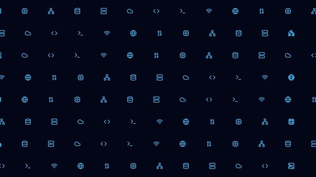 Futuristic looping tech background grid with scattered code icon letters on deep black digital canvas, looping icon style
