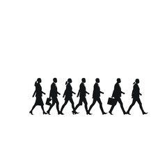 Obraz premium A line of seven black silhouettes of business professionals, including men and women carrying briefcases, walking purposefully forward on a plain white backdrop.