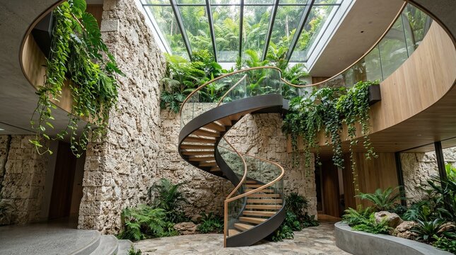 Biophilic staircase atrium featuring textured coral stone wall