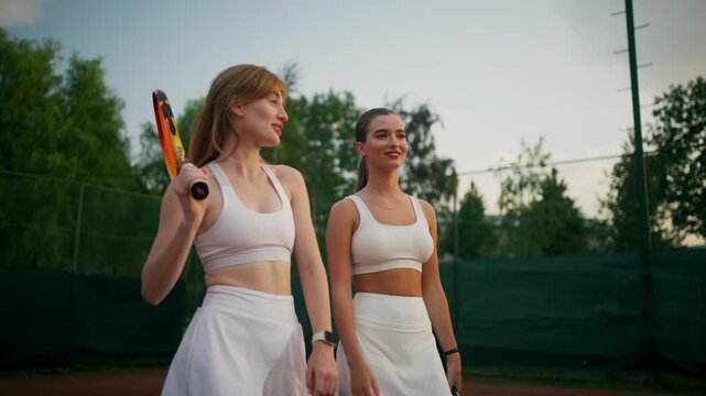 Women Tennis Players Enjoying Evening Camaraderie, Players Smile And Laugh After Friendly Outdoor Tennis Game