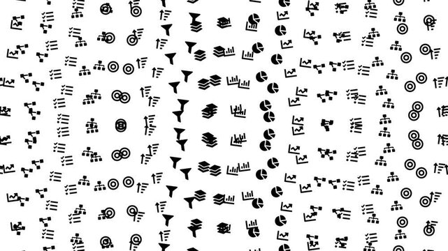 Abstract music notation looping icon pattern background, scattered notes symbols across white space with dynamic rhythm, top half filled, lower half blank, top-view