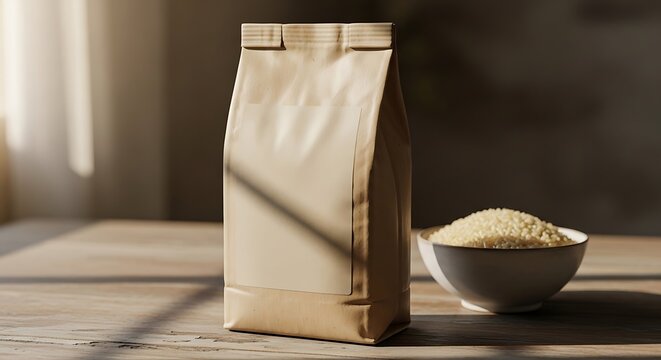 A brown paper bag on a wooden table next to a bowl of rice grains in a cozy room with natural light