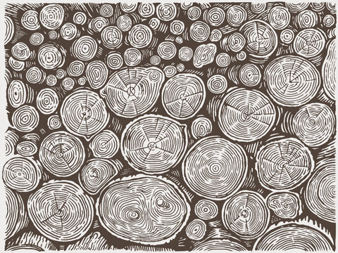 Monochrome background composed of sawn tree rings. The background is hand-drawn, engraving-style vector illustration, based on my own photo and inspired by rural life.