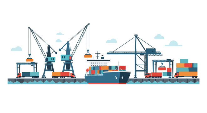 Minimal flat vector illustration showing ships, cranes, trucks, and containers working together at a busy port, clean flat design, simple geometric shapes, white background