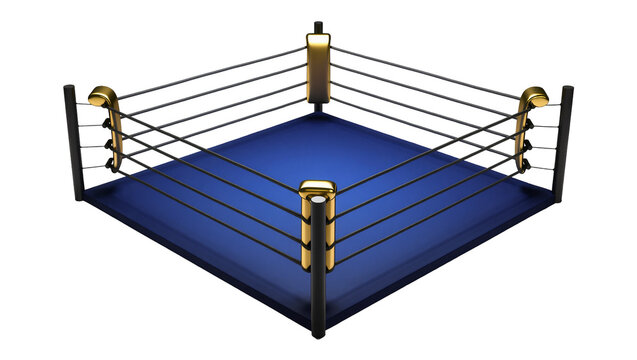 Isolated modern boxing ring with blue mat and golden corner posts for combat sports event